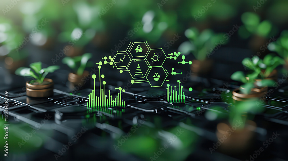 Fototapete Innovative 3D visualization of health and technology integration, featuring green plants and digital elements representing data and growth