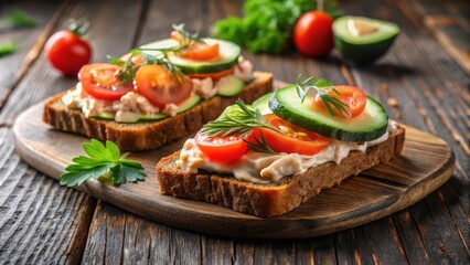 Delightful open-faced sandwiches with creamy spread, topped with fresh cucumber, tomato, and dill