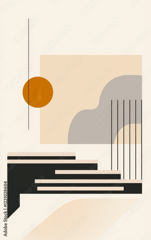 Poster geometric abstraction: a minimalist composition with clean lines and a warm color palette features a