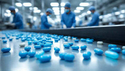 Obraz premium Workers in blue uniforms sort blue and white pills on a conveyor belt in a pharmaceutical manufacturing facility