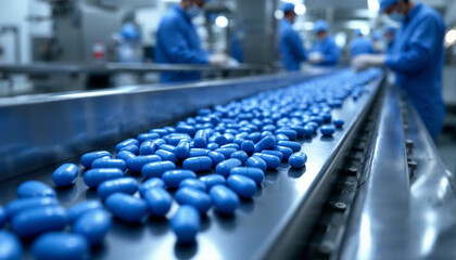 Fototapeta premium Production process of blue capsules at a pharmaceutical facility during daylight hours