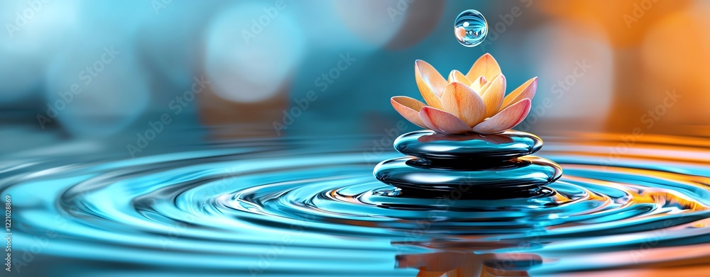 Aufkleber serene water lily on smooth stones with rippling water and gentle bokeh background for calm and tran
