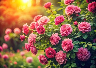Fototapeta premium Sunlit Pink Pomponella Roses Blooming in Vintage Garden Photography