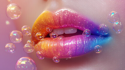 Fototapeta premium A detailed close up view of beautiful stunning iridescent colored makeup woman's lips and soap bubbles. Portrait of professional rainbow lipstick makeup. Banner concept for party