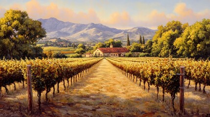Obraz premium Vineyard House Mountain Landscape Scenic Painting