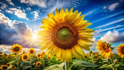 Sunlit Sunflower Duo: Close-up of Partially & Fully Bloomed Helianthus Annuus Flowers in Summer Field