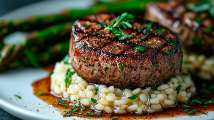 Close-up of perfectly grilled filet mignon medallions with a caramelized crust on creamy risotto
