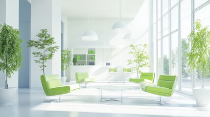 A bright and airy office corner featuring a white and green color scheme, with open space design elements to promote a fresh, inviting work environment.