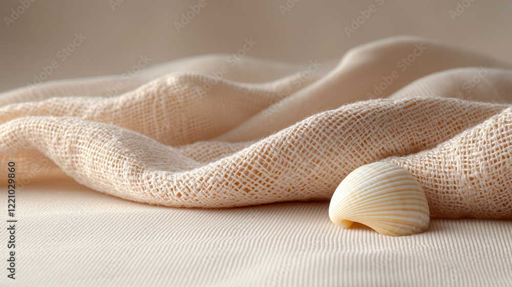 Poster large light brown seashell rests on soft fabric, showcasing intricate patterns and textures. serene 