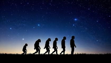 Evolution of humans displayed at twilight with silhouettes against a starry sky