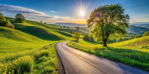 Naklejka premium Serene Country Road Winding Through Lush Green Hills Bathed in Golden Sunlight at Sunset