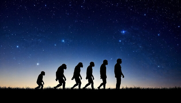 Evolution of humans displayed at twilight with silhouettes against a starry sky