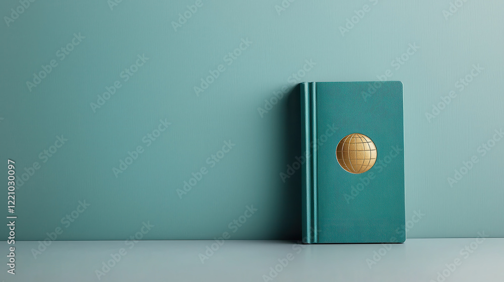 Poster minimalist image of single book featuring globe icon on teal background, evoking sense of exploratio