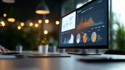 Professional business wide screen presentation, abstract representation of product management and pricing strategies.