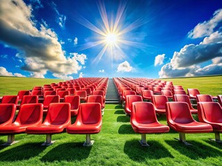 Naklejka premium Sunny Day at the Stadium: Green Field and Red Seats Stock Photo