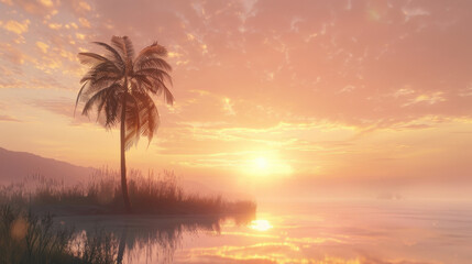 sunrise at sandy beach with palm tree