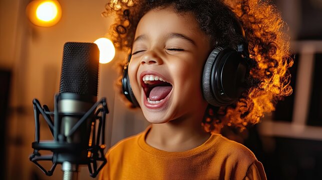 Young child passionately singing with headphones and microphone in recording studio