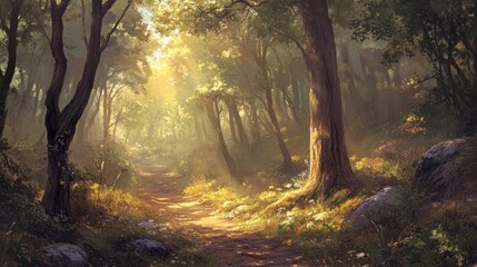 Sunlit Forest Path Winding Through Ancient Trees
