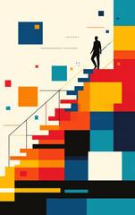 Stepping Towards Success: A determined silhouette ascends a vibrantly colorful staircase, symbolizing ambition and the climb towards achievement in a dynamic, modern illustration.