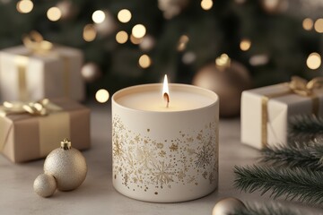 Warm Candle Glow with Holiday Decorations and Soft Background Bokeh