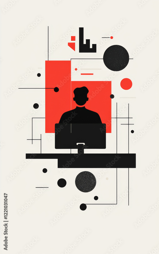 Poster geometric workspace: modern, abstract illustration of a person working at a computer desk, with a bl