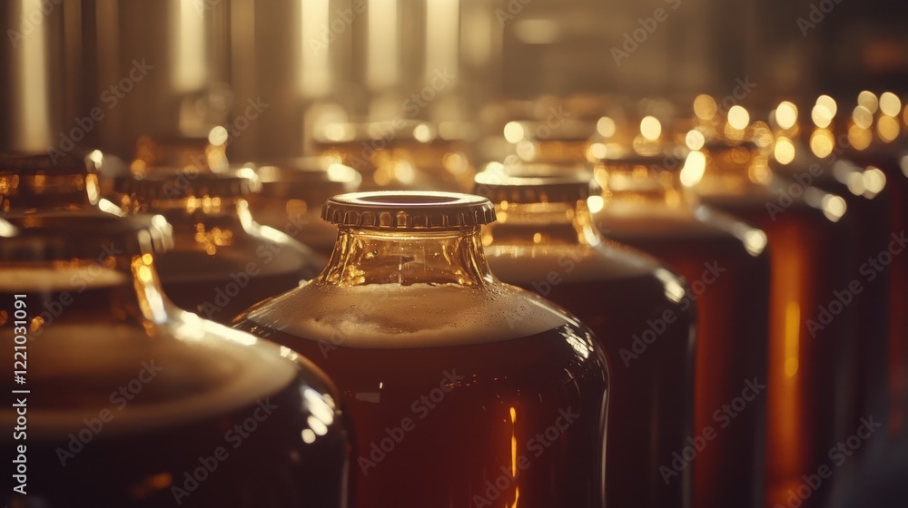 Poster close-up of amber bottles filled with beverage, illuminated by soft sunlight in a factory setting