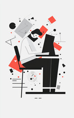 The Creative Workspace: Illustration of a person deeply focused at a desk, surrounded by abstract shapes. 