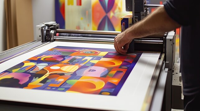 Printing a large, colorful, abstract poster on a professional printing machine