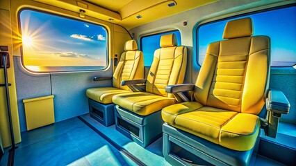 Fototapeta premium Sunny Yellow Van Interior: Blue Walls, Two Seats - Aerial View Stock Photo
