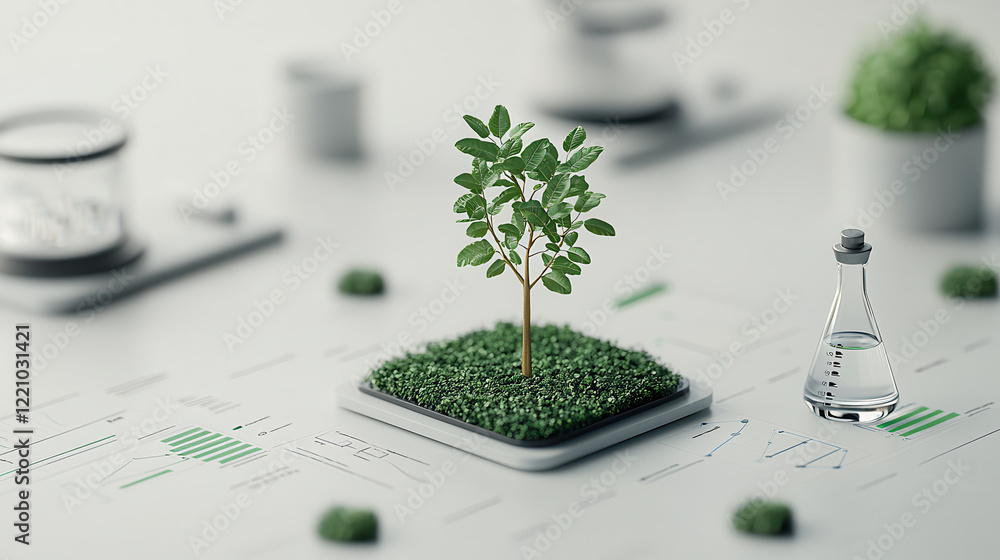 Poster realistic 3d scene for world health day featuring small tree on grass, laboratory flask, and greener