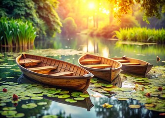 Obraz premium Serene Pond: Rustic Wooden Boats Amidst Lily Pads - Tranquil Nature Scene