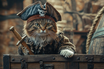 A playful pirate kitten with a hat peeking from a chest in a ship setting
