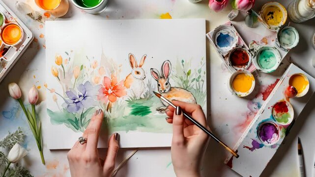 woman hands with brush in the process of painting postcards with watercolor, on the background of Easter eggs. The concept of preparing for Easter. Top View