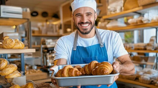 A cheerful baker displays a selection of freshly baked pastries, showcasing the warmth of the bakery atmosphere.