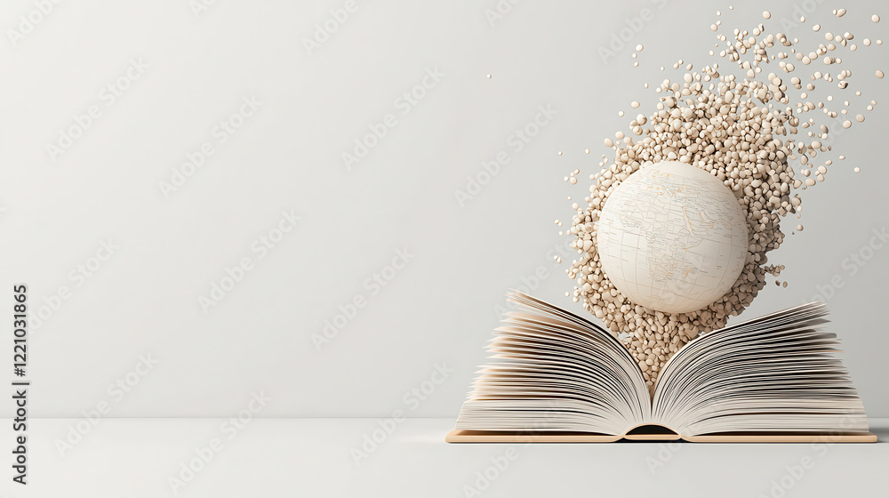 Aufkleber realistic high resolution illustration of open book with globe emerging from it, surrounded by small particles. This symbolizes knowledge and exploration