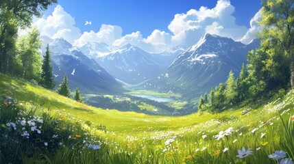 Serene Mountain Valley Meadow Landscape With Flowers