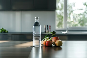 Vibrant Color Visual of a Kitchen Counter with a Bottle of Water and Fruits on it