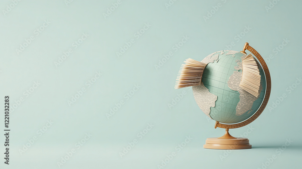 Poster globe with book pages forming its structure, symbolizing knowledge and exploration. serene background enhances focus on globe details and concept of learning