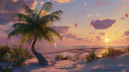 Fototapeta premium sunrise at sandy beach with palm tree