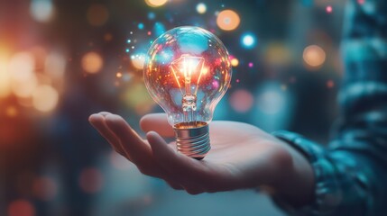 A businessman holding a digital hologram of a colorful light bulb, representing the concept of new ideas and creativity for a startup.
