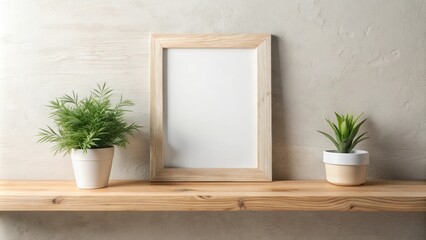 Simple wooden frame mockup with potted plants on a shelf against a textured wall
