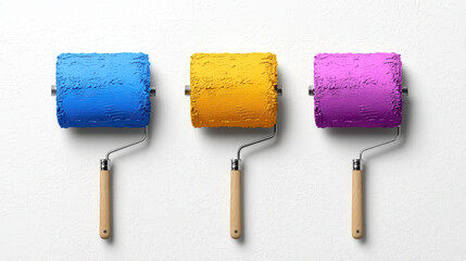 Colorful paint rollers in blue, yellow, and pink against textured white background, perfect for home improvement projects and artistic endeavors