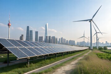 Solar Panels and Wind Turbines in City