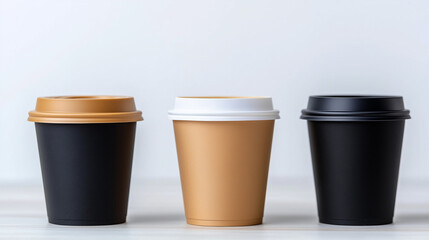 Coffee Break Essentials: A minimalist arrangement of three coffee cups, showcasing a subtle color palette of brown, white, and black, creating a clean and modern aesthetic.