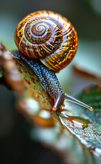 a snail is sitting on a leaf