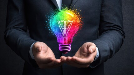 A businessman holding a digital hologram of a colorful light bulb, representing the concept of new ideas and creativity for a startup.