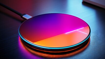 Mockup of a sleek wireless charger with a futuristic design and vivid LED accents