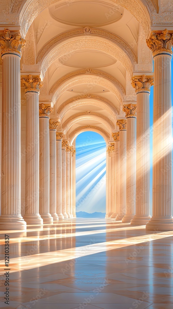 Poster serene sunbeam passing through majestic temple columns illuminating a tranquil space with warm light