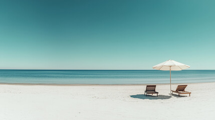A panoramic view of the pristine white sandy beach , beach chairs and umbrella , beach chairs and umbrella on the beach