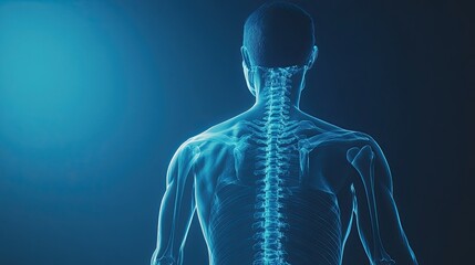 Male showcasing an artistic X-ray of skull and spine in blue tones.